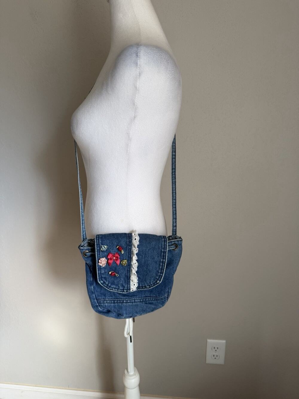Vintage Boho Hippie Womens Blue Denim Crossbody Purse Handmade Rose embroidery